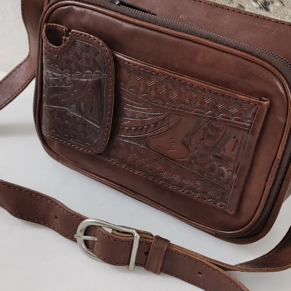 Leaders In Leather Vntg Tooled Leather Pony Hair Flap Messenger Crossbody Bag